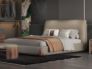  意式极简 至臻头层摔纹牛皮 纹理自然北美进口胡桃木 舒适高密度高回弹海绵 俄罗斯落叶松实木框架 真皮床 1.8*2.0米床（搭配松木排骨架）