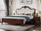 艾美利嘉 经典美式风格 森林舞会实木床 高品质色泽温润北美进口桃花芯木 舒适细腻仿真皮 波浪帷幔床头床尾 高密度饱满海绵靠背 三档安装调节 黑胡桃色 1.8*2.0米卧室双人床（搭配松木床板条）