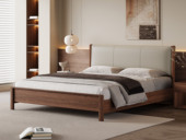 布木恋语 日式北欧风格 进口胡桃木 柔软舒适仿真皮 床边2档高度自由调节 高密度海绵靠包 1.8*2.0米床 （天然实木家具、纹理自然随机）