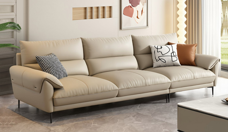 歌迪 现代简约 进口头层黄牛皮 加高靠背分段承托 撑腰护脊久坐不累 甄选天然高端羽绒靠包 纯净蓬松柔软包裹 饱满有型高回弹海绵坐包科学配比 双重舒适全面释压 俄罗斯落叶松实木框架 四人位沙发