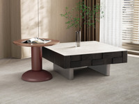 诺美帝斯 极简风格 高质感自然古朴灰洞石 凹凸造型抽面设计 色泽清晰黑胡桃木皮 优质金属烤漆 茶几组合