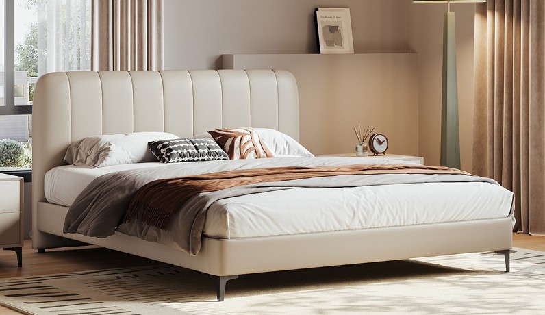 歌迪 极简风格 高定头层黄牛皮 高密度高回弹海绵 俄罗斯进口落叶松实木框架 1.8*2.0米 杏仁白  床（搭配10公分松木排骨架）