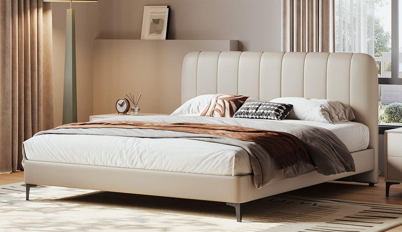 歌迪 极简风格 高定头层黄牛皮 高密度高回弹海绵 俄罗斯进口落叶松实木框架 1.5*2.0米 杏仁白  床（搭配10公分松木排骨架）