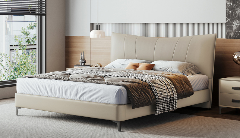 歌迪 极简风格 细腻柔软仿真皮 利落线条一体式挺括靠包 柔韧回弹高密度海绵 俄罗斯进口落叶松实木框架  米色 1.5*2.0米 床（搭配10公分松木排骨架）