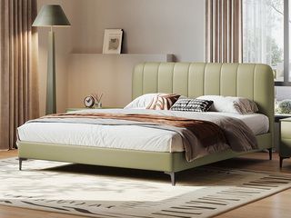  极简风格 高定头层黄牛皮 高密度高回弹海绵 俄罗斯进口落叶松实木框架 1.8*2.0米 米绿色 床（搭配10公分松木排骨架）