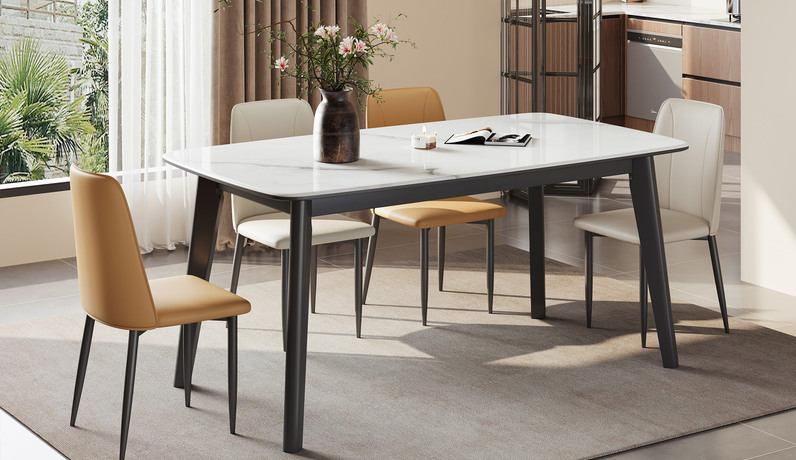 歌迪 极简风格 光滑细腻微晶石 温润通透触感细致 挺拔有型加粗实木桌腿 圆润线条微八造型 四平八稳承重力Max 加宽立水稳固不摇晃 桌下开阔落座自由 释放惬意 1.4米 餐桌