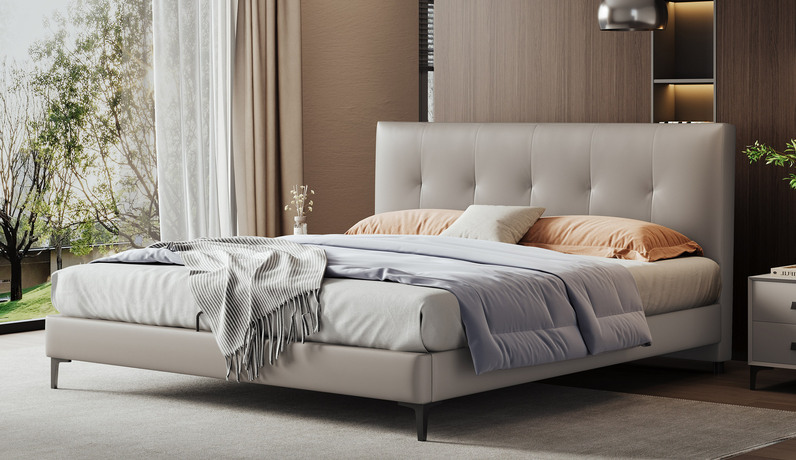 歌迪 极简风格 艺术拉点软包床 高定头层黄牛皮 高回弹高密度海绵 俄罗斯落叶松实木框架 浅灰色 1.5*2.0米床（搭配10公分松木排骨架）