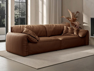  意式极简 大象耳朵真皮沙发 高定头层黄牛皮 真皮抱枕 大面积坐前真皮 宽厚饱满扶手 蓬松羽绒 不锈钢五金脚 椰棕色 大四人位沙发