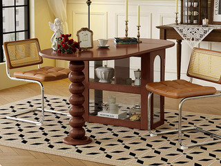  中古风 多功能折叠实木餐桌 一桌两用提高空间利用率 罗马复古造型实木腿 艺术玻璃展示柜 圆润曲线细致打磨 1.6米 中古色 实木餐桌