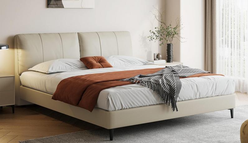 歌迪 极简风格 小象耳朵真皮床 进口头层黄牛皮 柔软温润 挺阔饱满羽绒双靠包 分体设计自由倚靠 绵柔软糯弯弧舒适支撑腰背 清爽利落齐边设计 米黄色 1.8*2.0米床（搭配10公分松木排骨架）