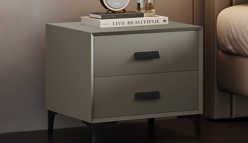 歌迪 极简风格 全实木柜体+松木抽屉 扪皮 青灰色 床头柜