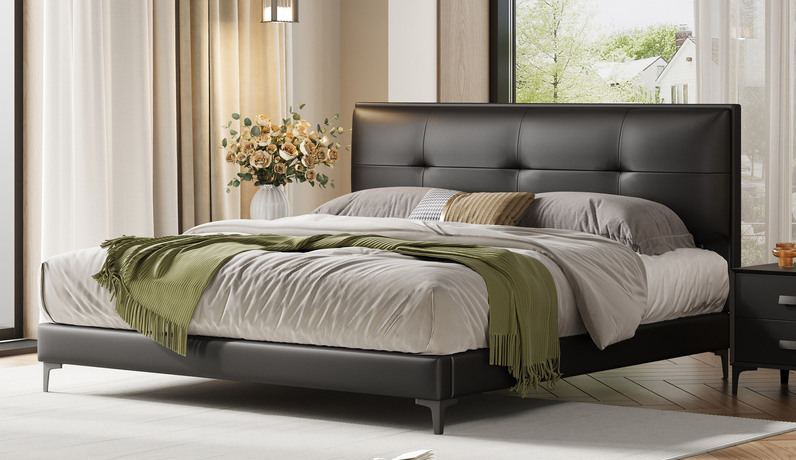 歌迪【热门推荐】极简风格 细腻柔韧仿真皮 0靠墙设计 极致省空间 告别拥挤感 高密度海绵饱满有型软弹释压+5A级俄罗斯落叶松实木框架 黑色普通款 1.8*2.0米齐边床（搭配10公分松木排骨架）