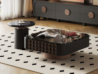 罗曼仕 中古风 复古优雅黑金沙微晶石 经典方圆组合设计感田字格造型 高级缓冲导轨 优质钢琴烤漆 大容量储物抽屉 茶几+角几  组合