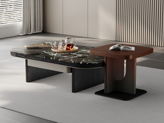  中古风 细腻通透微晶石 清晰自然黑橡木+渐变色红橡木纹理创意小边几 优质金属漆 茶几组合