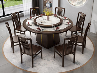  新中式 甄选进口金丝檀+乌金木  高质柔滑岩板 金色装饰线条 乌金色 1.5米 餐桌（搭配90公分转盘）