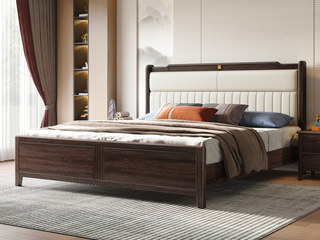  新中式  高品级进口乌金木 透气耐磨仿真皮 竖条拉线高弹靠包 五金装饰 白色 1.5*2.0米 实木床（搭配静音床板条）