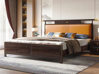  新中式  高品级进口乌金木 细腻柔韧仿真皮 柔软高弹海绵舒适承托 橘色 1.5*2.0米 实木床（搭配静音床板条）