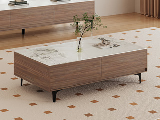  极简风格 细腻柔滑香奈儿亮光岩板 方正简约外形 多抽屉大容量储物 精细分区收纳 宽敞置物台面 1.3米茶几