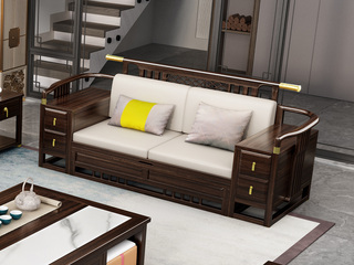  新中式实木沙发 甄选进口金丝檀+乌金木 典雅官帽+镂空鱼鳞纹设计 搭配耐磨猫抓皮软包   乌金色 双人位沙发（抱枕花色随机）