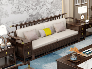  新中式实木沙发 甄选进口金丝檀+乌金木 典雅官帽+镂空鱼鳞纹设计 搭配耐磨猫抓皮软包   乌金色 三人位沙发（抱枕花色随机）