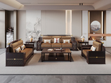 檀雅居 新中式实木沙发 甄选进口金丝檀+乌金木 设计感拼花纹理金线装饰 实木储物扶手 柔软舒适猫抓皮  乌金色 组合沙发 单人位+双人位+三人位（抱枕花色随机）