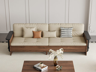  中古风 进口红斑马 细腻柔软生态仿真皮 蓬松羽绒+高弹海绵双重体验 高箱款大容量储物 拼色井字棋盘格扶手 四人位直排沙发（标配三个抱枕样式随机）