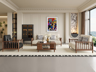  中古风 进口红斑马 柔软亲肤透气雪尼尔绒布 蓬松羽绒+高弹海绵双重体验 经典罗马柱扶手 沙发组合 仿真皮单人位+布艺双人位+布艺三人位（标配六个抱枕 样式随机）