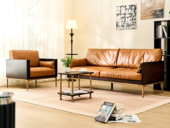 汉森庄园 英伦风 进口实木微雕工艺 设计感深浅光影变化 细腻柔韧油蜡仿真皮 Q弹饱满高密度海绵 阿尔贝托雕塑金属高脚 沙发组合 单人位+三人位