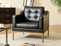 汉森庄园 英伦风 进口实木微雕工艺 设计感深浅光影变化 柔软舒适油蜡仿真皮 切斯菲尔德纽扣元素 弧线形窄边扶手 阿尔贝托雕塑金属高脚 单人位沙发