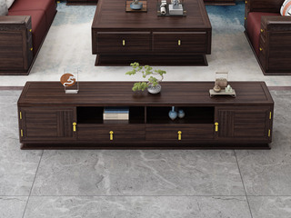  新中式 高品级金丝檀木+进口乌金木  多元化开放格储物+抽屉 乌金色 2.2米 电视柜