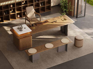  新中式 仙境茶台 白蜡木包边大台面 15MM挪威白超晶石小台面 多功能语音控制无线充 语音智能送茶器 全自动智能抽水茶艺炉 2.8米茶台 （不含茶盘 含送茶器）（超大件商品，请确认能否进入电梯或楼道）