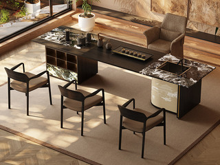  新中式 摩登东方茶台 开放黑加厚实木+宝格丽黑奢石台面 不锈钢乱纹拉丝+3D打印山水纹理储物柜 全自动智能纯钛电茶炉 3.3米茶台（不含茶盘）（天然石材，纹理随机 ）（超大件商品，请确认能否进入电梯或楼道）