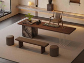 一方茶居 侘寂风 方物茶台 50MM加厚实木台面 岩板包裹储物柜  80MM宽石头纹亚克力脚架 2.8米 实木茶台 （不含茶盘）（超大件商品，请确认能否进入电梯或楼道）