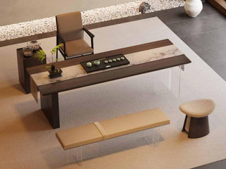  现代极简 50MM加厚手工大板实木台面 悬浮亚克力桌腿 2.4米茶台（不含茶盘）（超大件商品，请确认能否进入电梯或楼道）