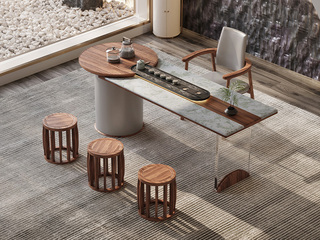  现代轻奢 和鸣茶桌  天然乌金木+绿松石奢石台面 内嵌石英石茶盘 2.2米茶台（天然石材，纹理随机 ）（超大件商品，请确认能否进入电梯或楼道）