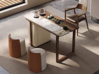  现代轻奢 胡桃木纹理+香奈儿岩板台面 坚实稳固实木桌脚 全自动智能隐藏式茶艺炉 1.4米茶台