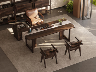  宋式写意茶桌 进口胡桃木大板台面 稳固T字型桌腿设计 新中式 2.2米茶台（不含茶盘）（实木纹理自然生成 每一块木材纹理、颜色天然独一无二）