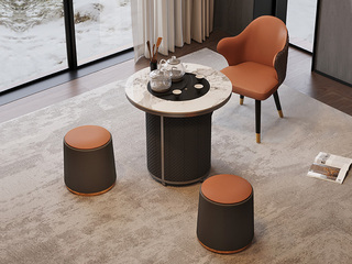  现代极简 香奈儿亮光岩板镶乌金石茶盘 不锈钢黑钛
面框 全自动智能隐藏式茶艺炉 适配多种户型 0.8米茶台