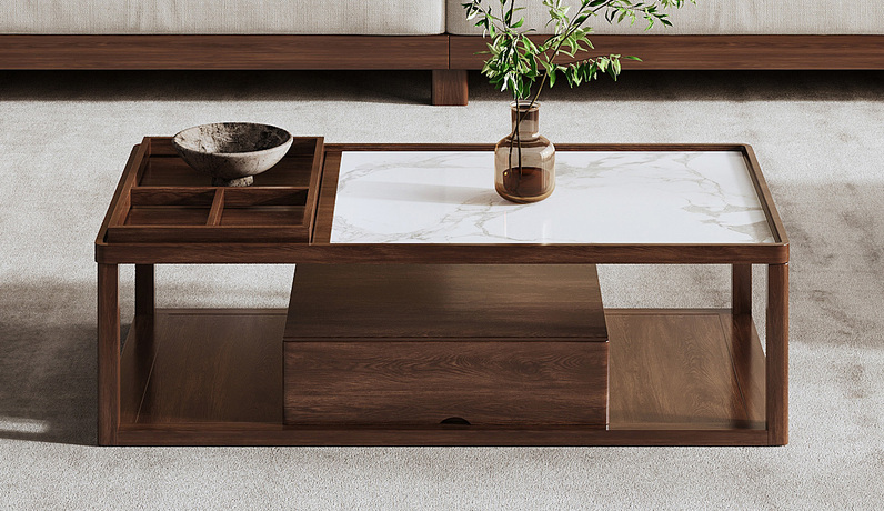 忆宋风华 宋式美学 高品级北美进口白蜡木 晶莹柔润雪山白哑光岩板 分区置物格有序收纳 双层开放大容量储物 1.4米 胡桃色 茶几