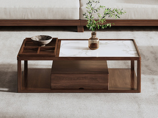  宋式美学 高品级北美进口白蜡木 晶莹柔润雪山白哑光岩板 分区置物格有序收纳 双层开放大容量储物 1.4米 胡桃色 茶几