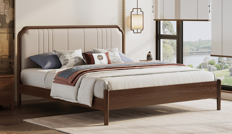 忆宋风华 宋式美学 如意床 高品级北美进口白蜡木 细腻顺滑仿真皮 高屏床头优雅大气 稳固结实实木腿 胡桃色 1.8*2.0米卧室双人床（搭配松木床板条）