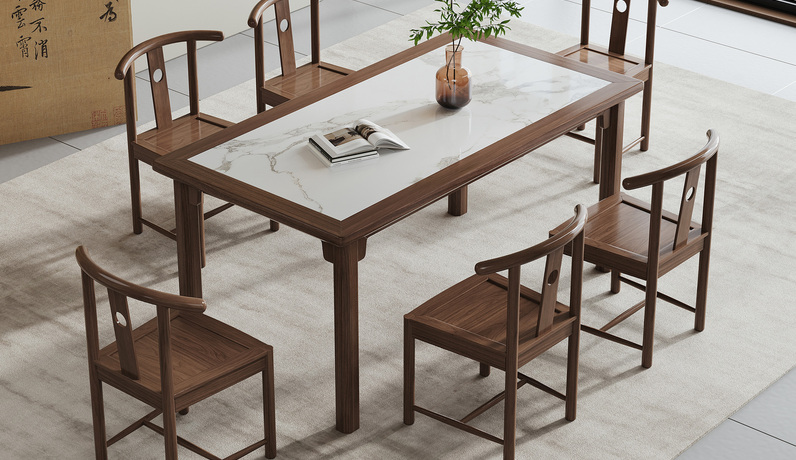 忆宋风华 宋式美学 高品级北美进口白蜡木 结实稳固 细腻柔滑岩板 纹理自然宽大桌面随心置物 胡桃色 1.4米 餐桌