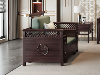  新中式 进口乌金木 纹理自然温润 亲肤透气棉麻布 镂空雕刻纹样扶手 围边防掉落 黑檀色 单人位沙发（抱枕花色随机）