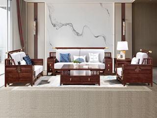  新中式 进口乌金木 纹理自然温润 亲肤透气棉麻布 “浮雕+嵌铜”装饰纹理 立体层次 五金铜套点缀 黑檀色 组合沙发 单人位+双人位+三人位（抱枕花色随机）