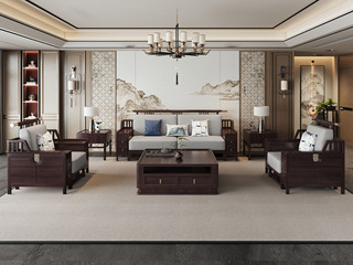  新中式 进口乌金木 纹理自然温润 亲肤透气棉麻布 “浮雕+嵌铜”装饰纹理 立体层次 五金铜套点缀 黑檀色 组合沙发 单人位+单人位+三人位（抱枕花色随机）