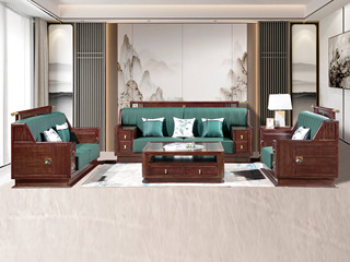  新中式 进口乌金木 纹理自然温润 舒适耐磨仿真皮 艺术几何回旋纹样 高弹饱满海绵 黑檀色 组合沙发 单人位+双人位+三人位（抱枕花色随机）