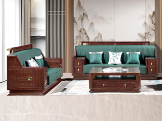  新中式 进口乌金木 纹理自然温润 舒适耐磨仿真皮 艺术几何回旋纹样 高弹饱满海绵 黑檀色 组合沙发 双人位+三人位（抱枕花色随机）