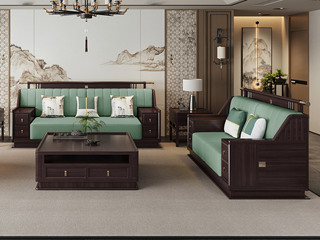  新中式 进口乌金木 纹理自然温润 舒适耐磨仿真皮 艺术几何回旋纹样 高弹饱满海绵 黑檀色 组合沙发 双人位+三人位（抱枕花色随机）