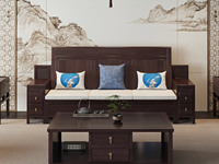 檀影轩 新中式 进口乌金木 纹理自然温润 舒适柔软棉麻布 精致鱼鳞纹设计 层次立体金属浮雕纹理 黑檀色 三人位沙发（抱枕花色随机）