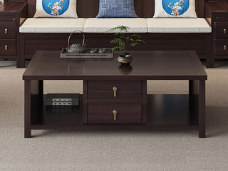  新中式 进口乌金木 纹理自然温润 开放式置物台+双抽 多元大容量储物 祥云纹理装饰 黑檀色 1.48米 茶几